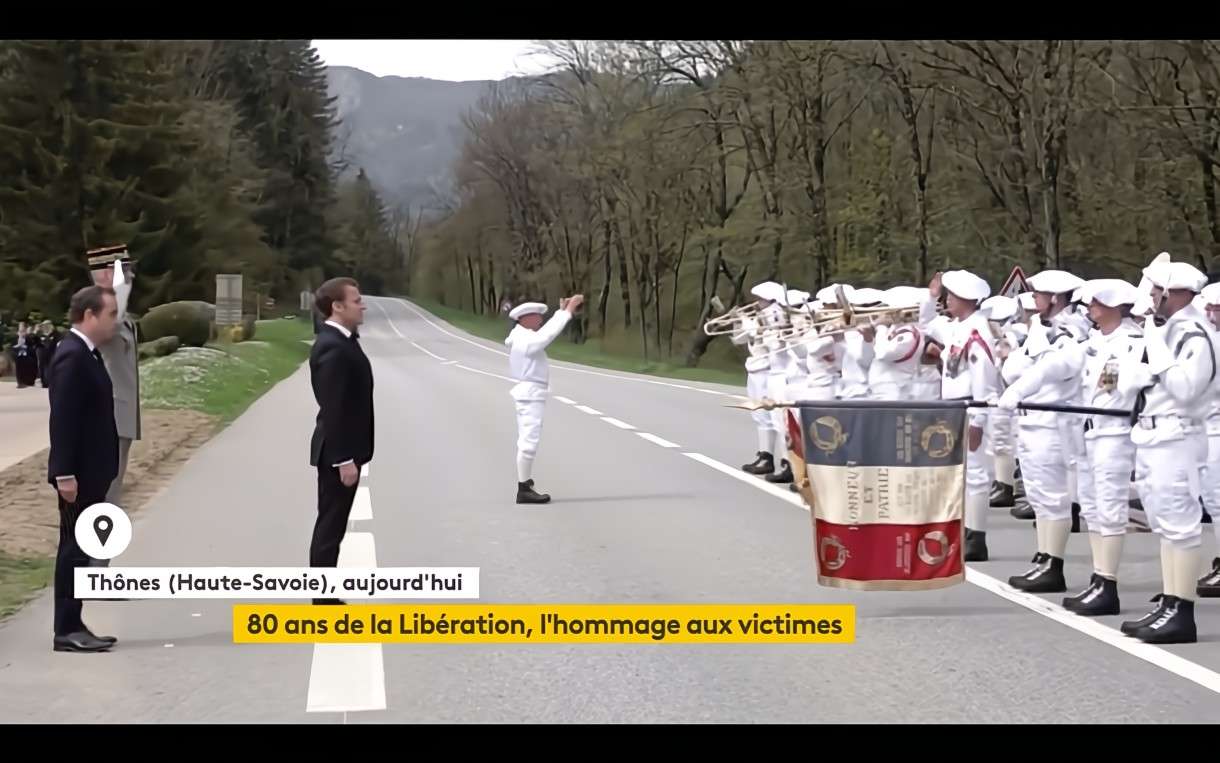 Emmanuel Macron ehrt die Opfer des Nationalsozialismus zum 80. Jahrestag der Befreiung