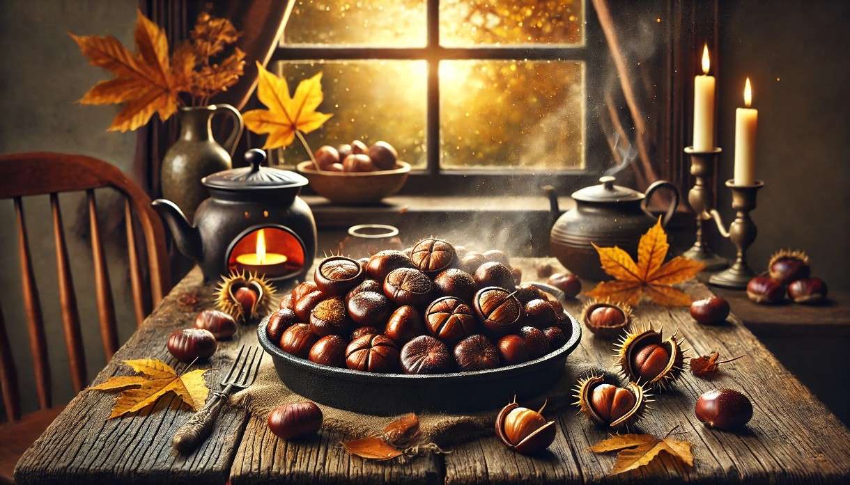 eine gemütliche Herbstszene mit frisch gerösteten Kastanien