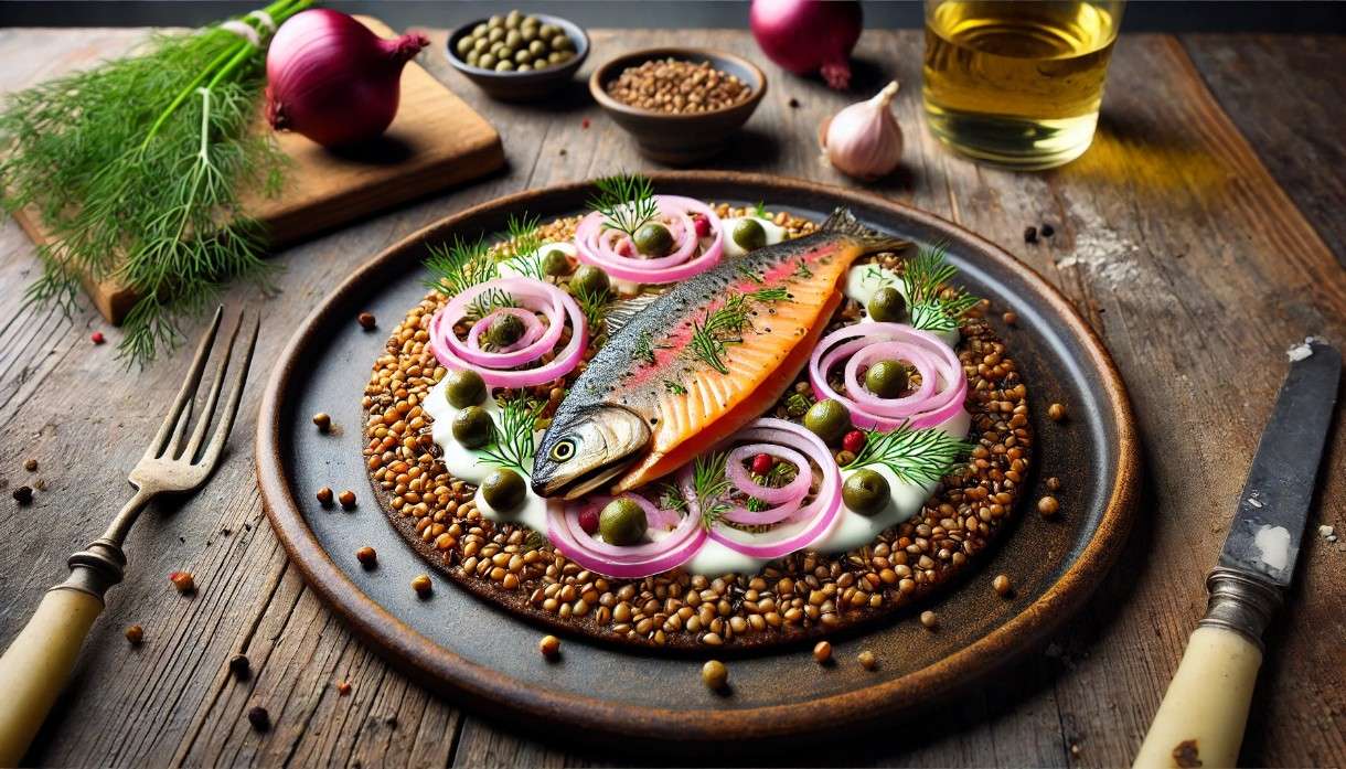 Alpenküche modern interpretiert: Geräucherte Forelle auf Buchweizen-Galette mit Zitronen-Miso-Crème