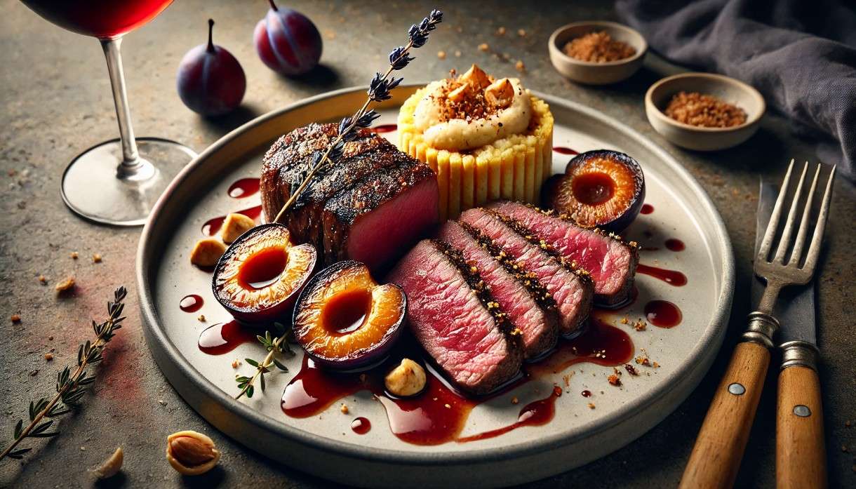Traditionelles neu interpretiert: Lavendel-Entrecôte mit Rotwein-Zwetschgen und Haselnuss-Polenta
