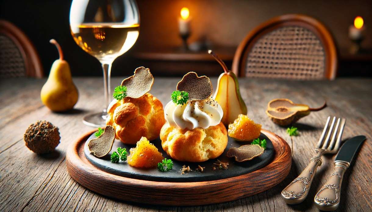 Trüffel-Gougères mit Ziegenkäsecreme & Birnenchutney – Ein Hauch von Bourgogne mit modernem Twist