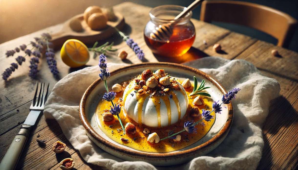 Burrata-mit-Lavendel-Honig-und-gerösteten-Haselnüssen