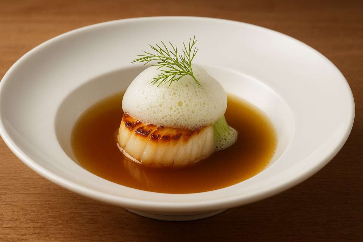 Bouillabaisse-Essenz-mit-Jakobsmuschel-und-Fenchel-Schaum