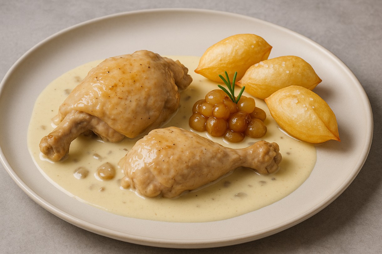 Coq-au-Riesling-mit-Perlzwiebel-Konfit-Trüffel-Pommes-Soufflées