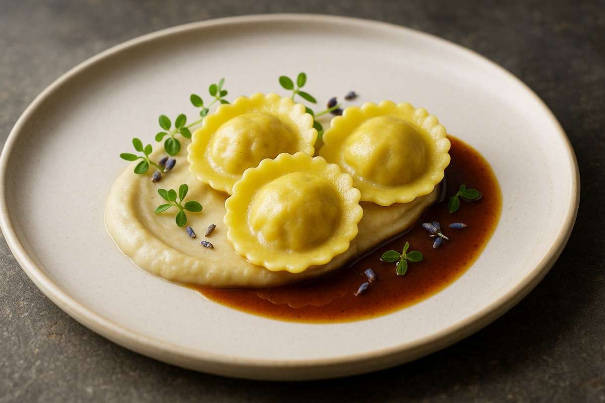 Entenravioli-in-Lavendeljus-mit-Pastinakenpüree