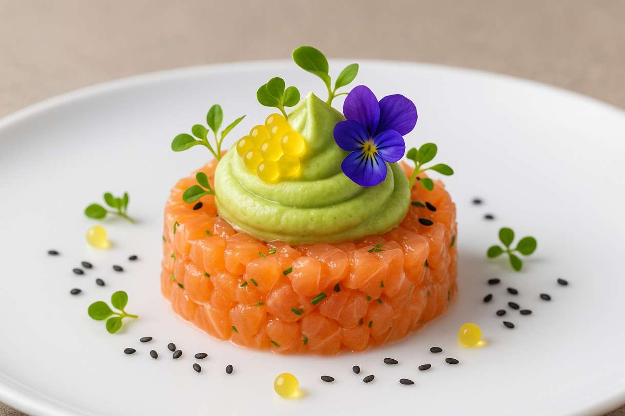 Lachs-Tatar-mit-Yuzu-Perlen-und-Avocado-Mousse
