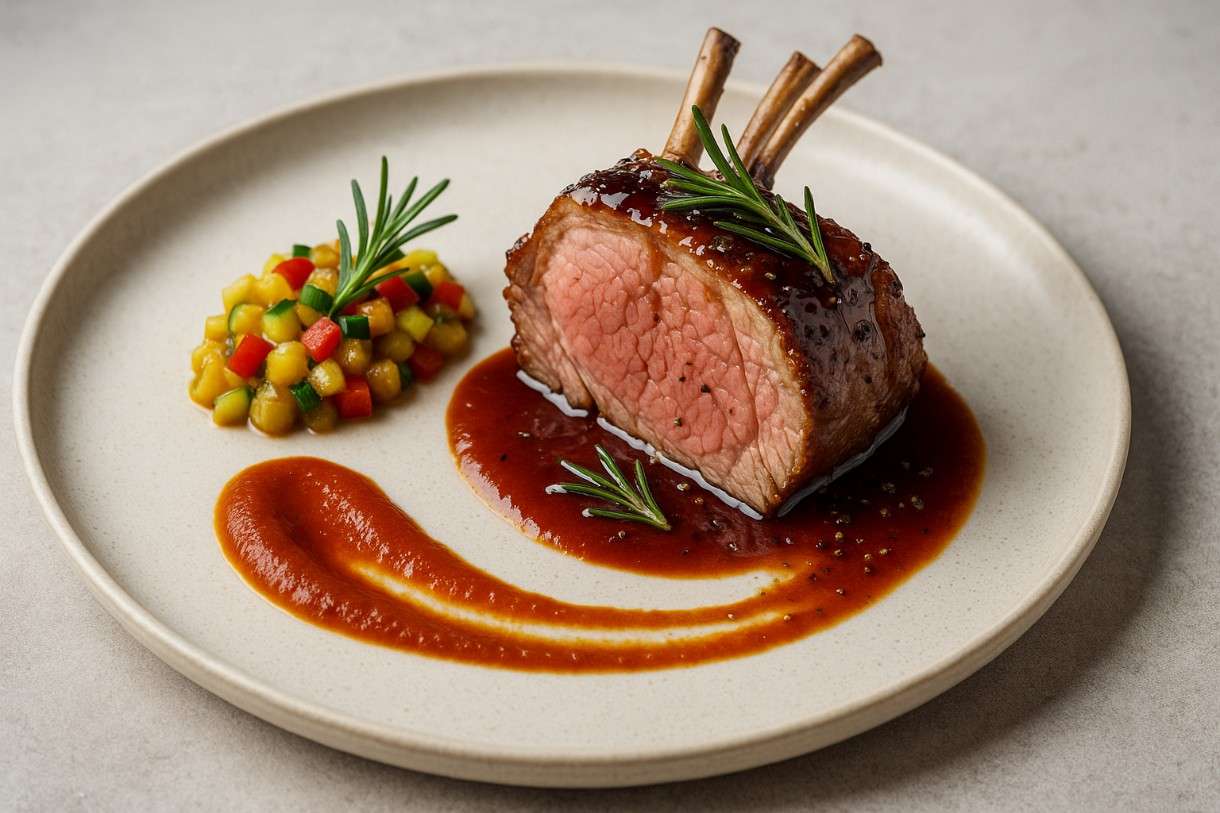 Lammrücken-mit-Rosmarin-Honiglack_&_Ratatouille-Coulis