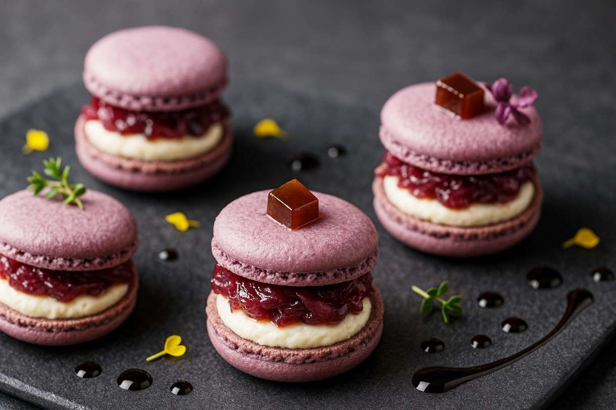 Makronen-von-der-Ziegenbutter-mit-Rote-Zwiebel-Confit-Feigengeleé