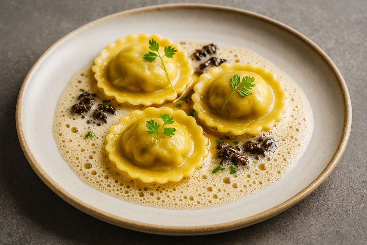 Ravioli-Kalb-Morchel-Duxelles-Madeira-Schaum