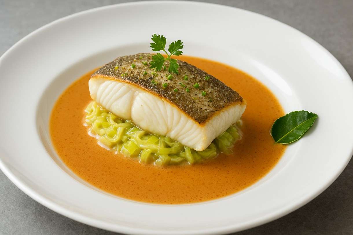 Steinbutt auf Lauchfondue mit Krustentier-Bisque und Kaffirlimette