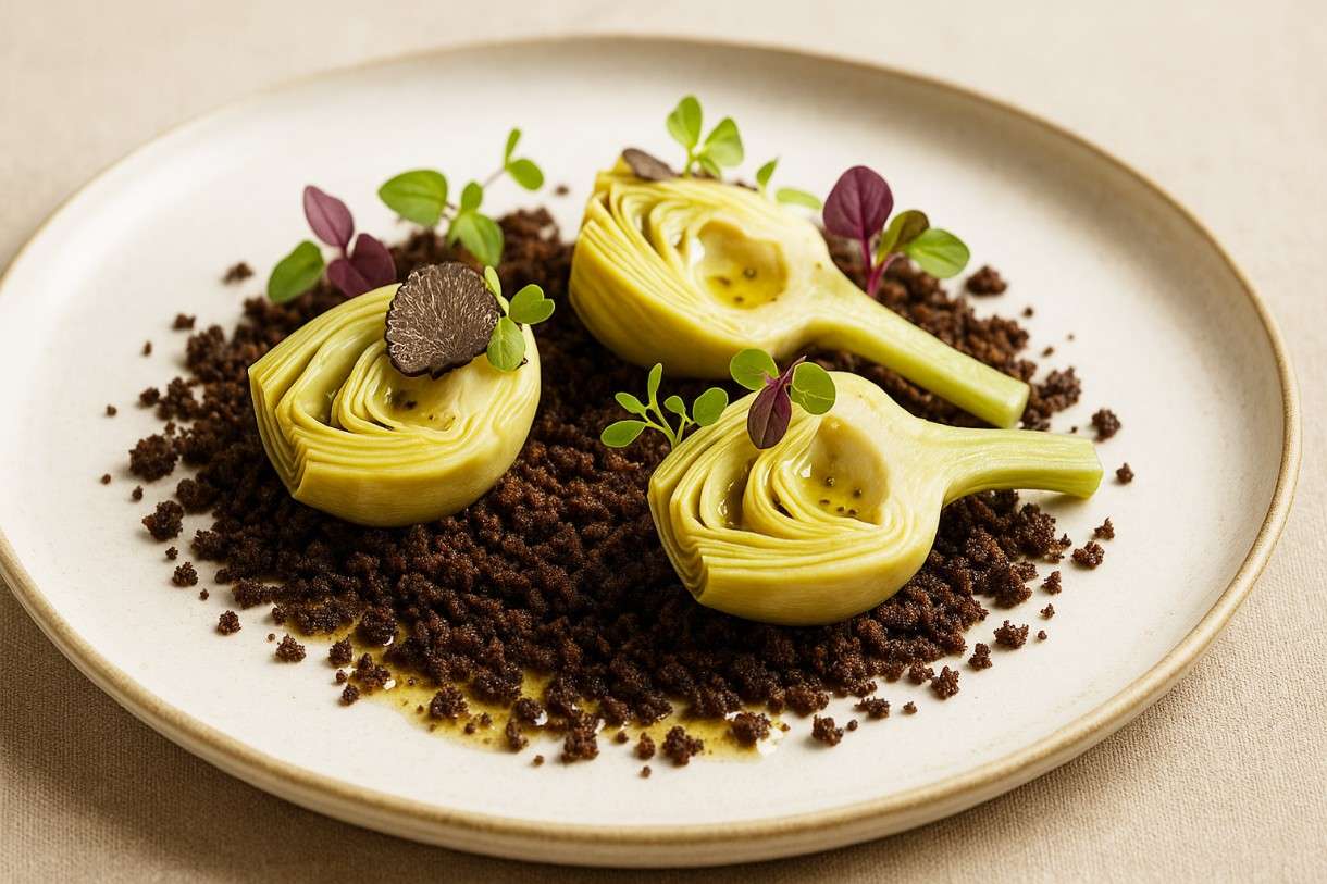 Artischockenherzen-mit-Trüffel-Vinaigrette-und-Pumpernickel-Crunch