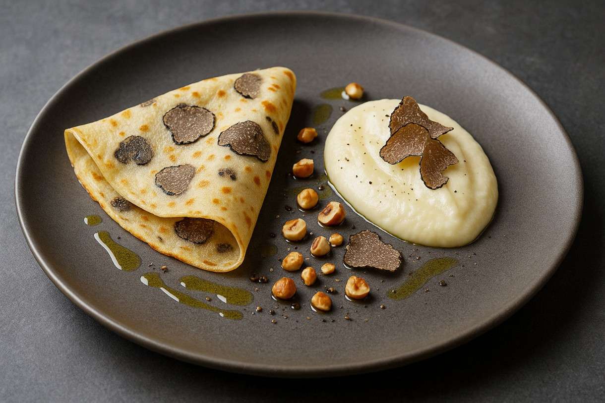 Trüffel-Crêpes-mit-Sellerie-Püree-und-Haselnussöl