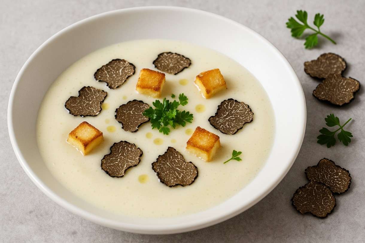 Velouté-von-Petersilienwurzel-mit-schwarzem-Trüffel-Brioche-Croutons