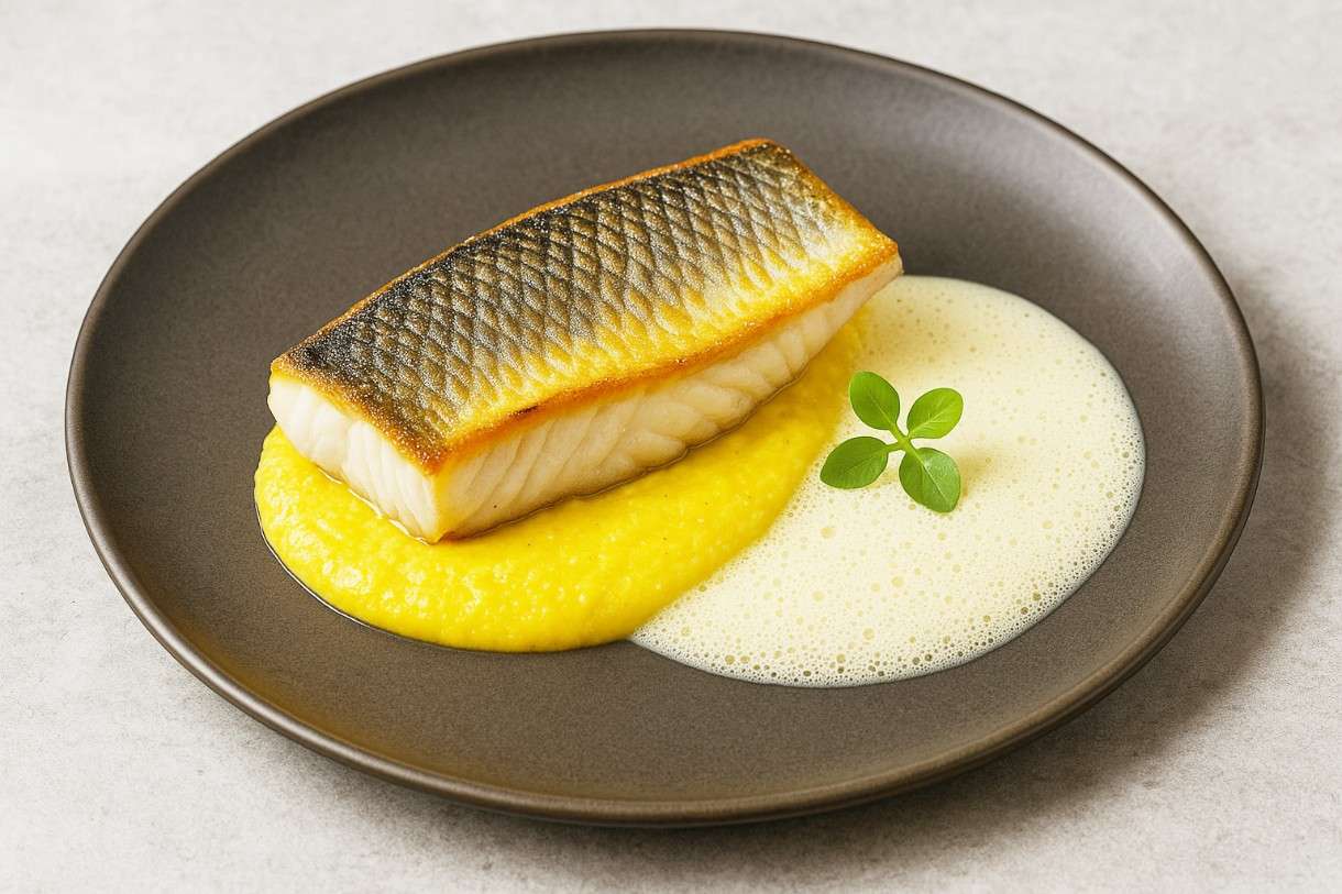 Zander-auf-Safran-Polenta-mit-Noilly-Prat-Schaum