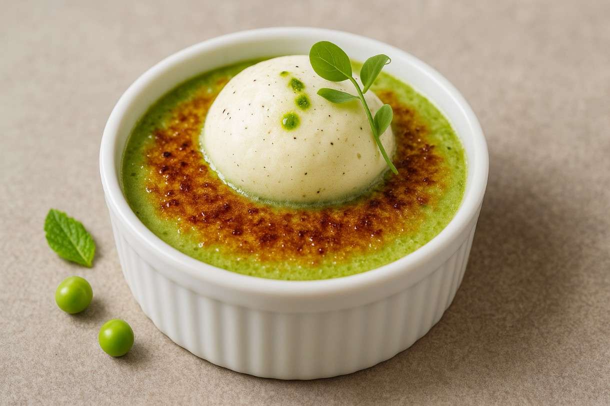 Crème-brûlée-Erbsenschote-Parmesanschaum