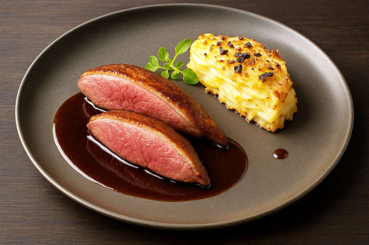 Gebratene-Taubenbrust-Espressojus-Sellerie-Trüffelgratin