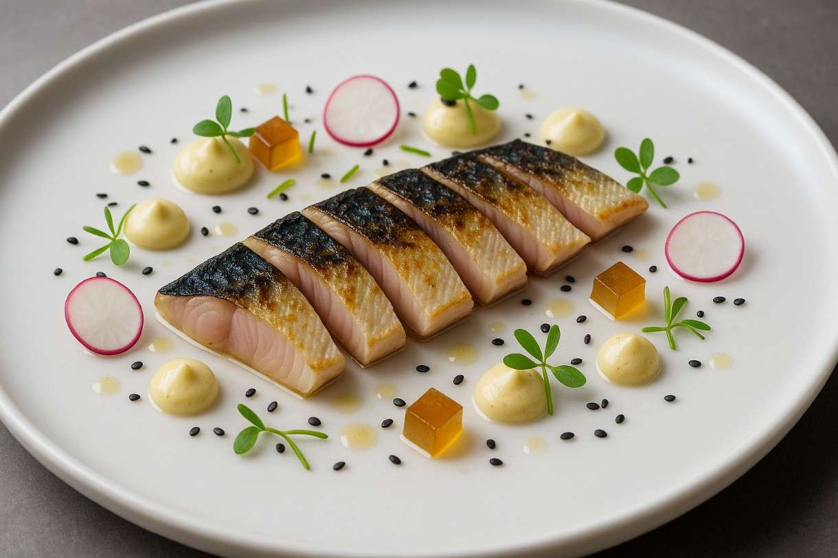 Geflämmte-Makrele-Ponzu-Gelee-Dijon-Senf-Crème