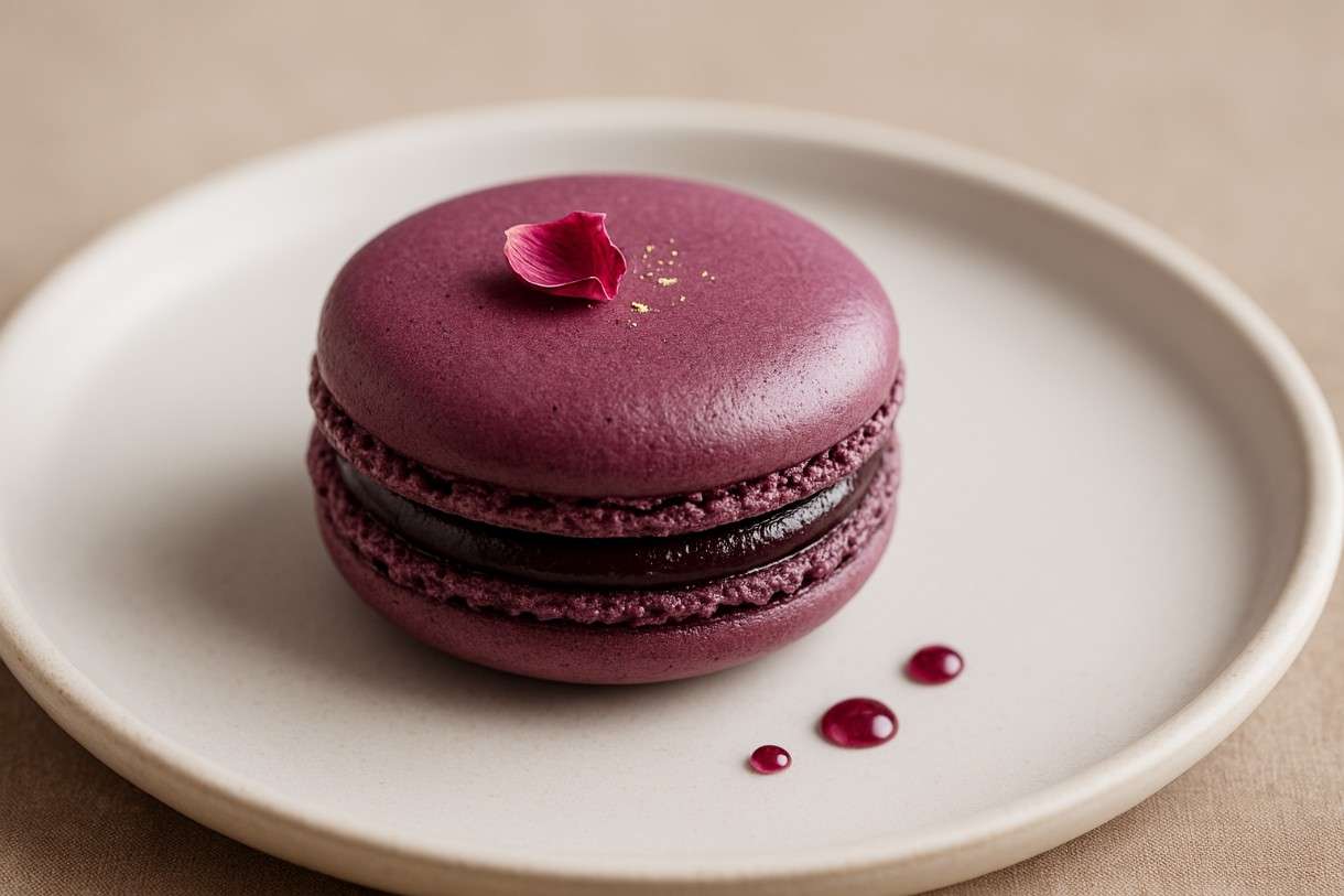 Macaron-Cœur-de-Cassis-Tonkabohnen-Ganache-Rosenöl