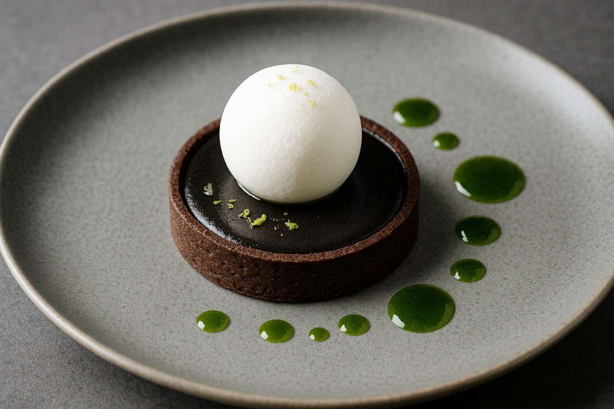 Tarte-au-citron-noir-Meringue-Sphäre-Basilikumöl