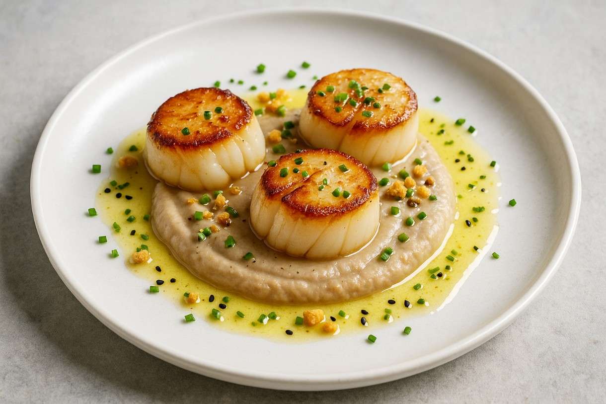 Gebratene-Jakobsmuscheln-auf-Maronenpüree-mit-Yuzu-Butter