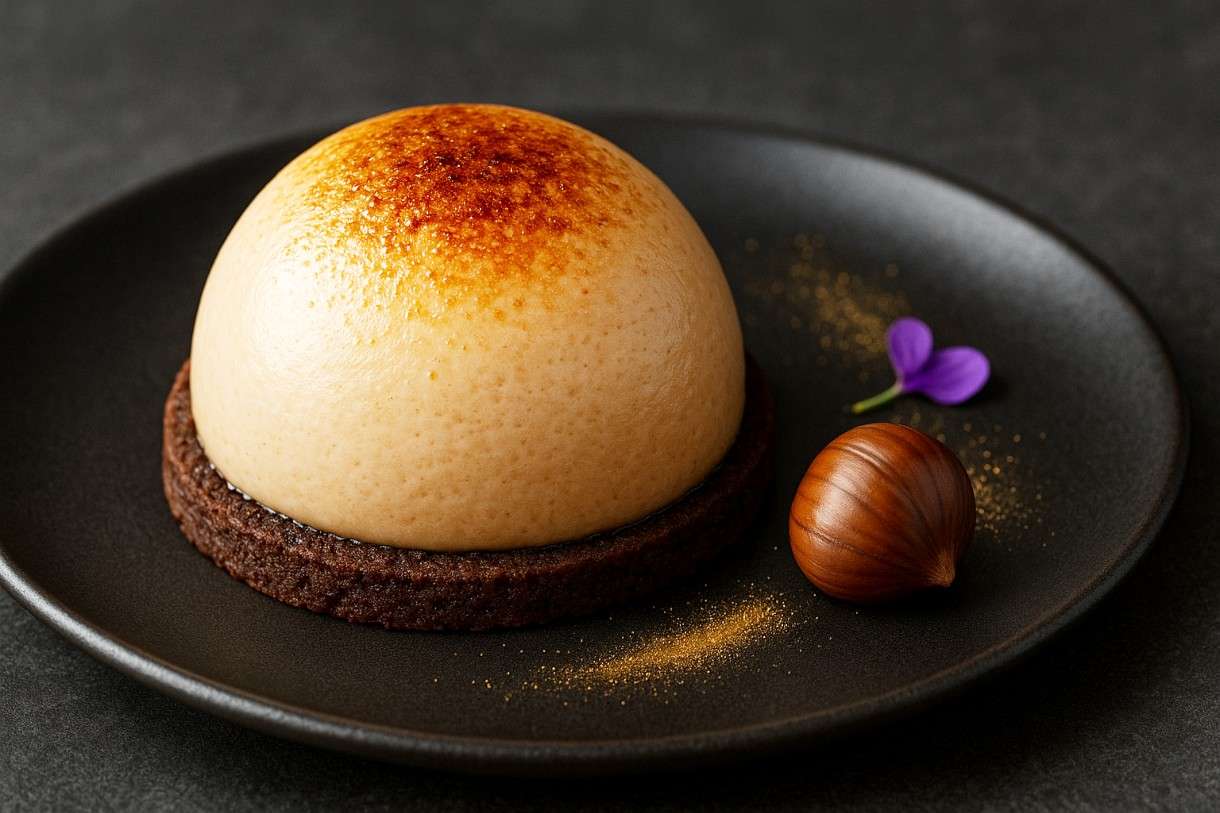 Geflämmter-Maronen-Mousse-Dome-auf-Espresso-Boden