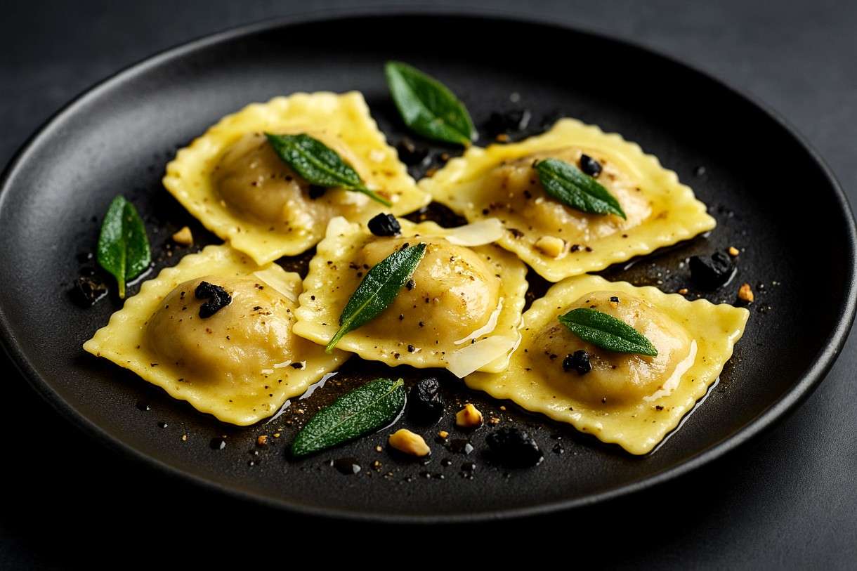 Maronen-Ravioli-mit-Salbeibutter-und-schwarzem-Knoblauch