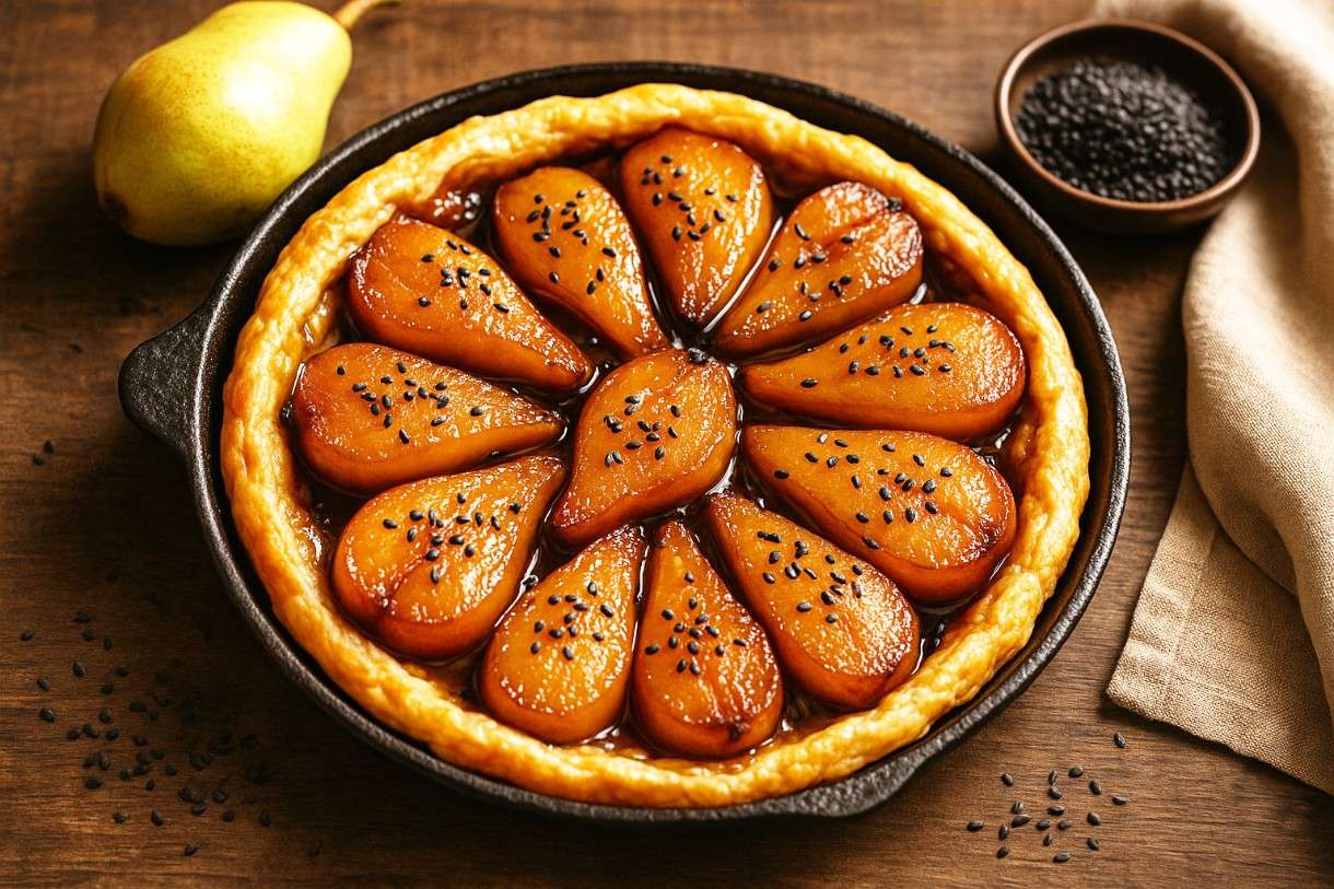 Tarte-Tatin-de-Poires-au-Miso-&-Sésame-noir