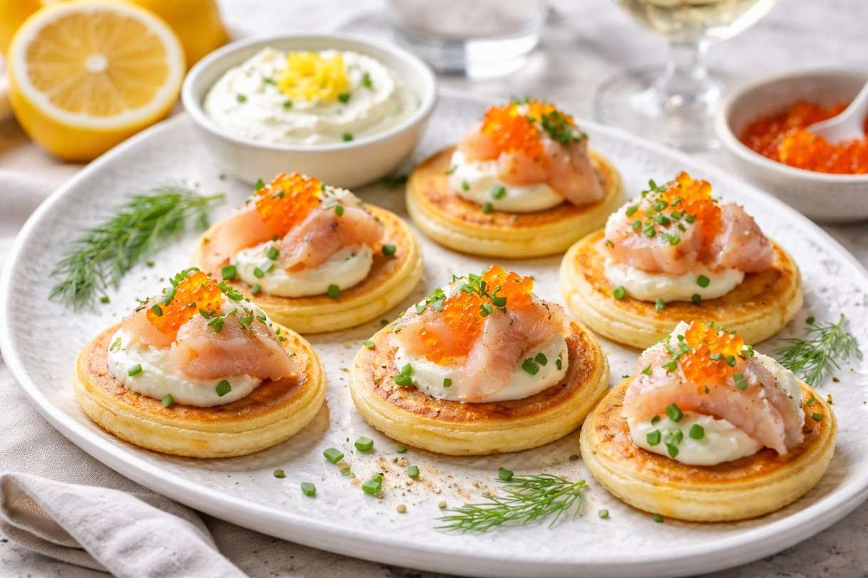 Der Februar in der französischen Küche – Blinis mit geräuchertem Saibling & Crème fraîche mit Zitrone