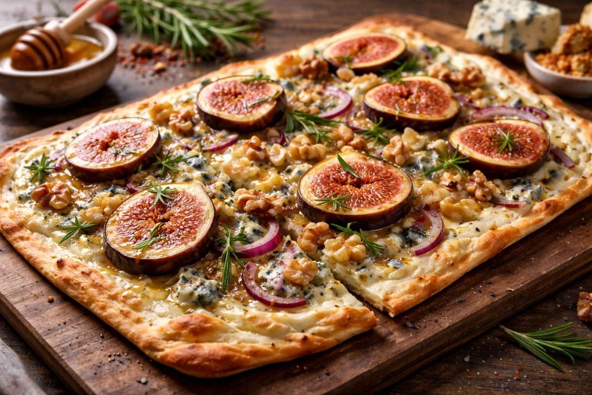 Der Februar in der französischen Küche – Flammkuchen modern: mit Feige, Blauschimmelkäse und Rosmarin