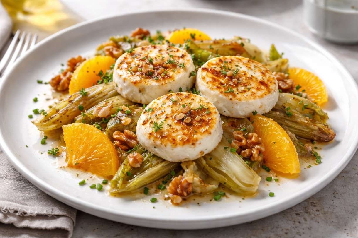 Gratinierter-Ziegenkäse-auf-warmem-Chicorée-Salat-mit-Orangenfilets