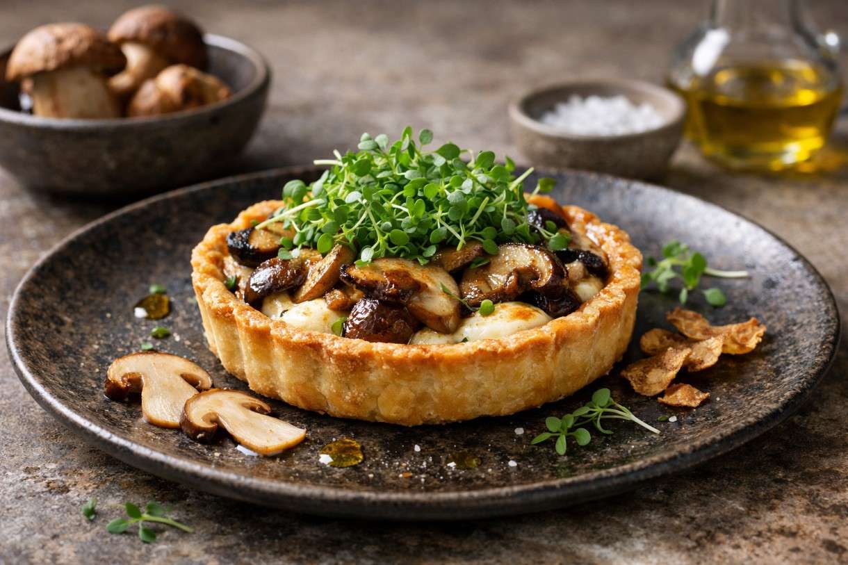 Der Februar in der französischen Küche – Steinpilz-Tartelette mit Ziegenfrischkäse und Kresse