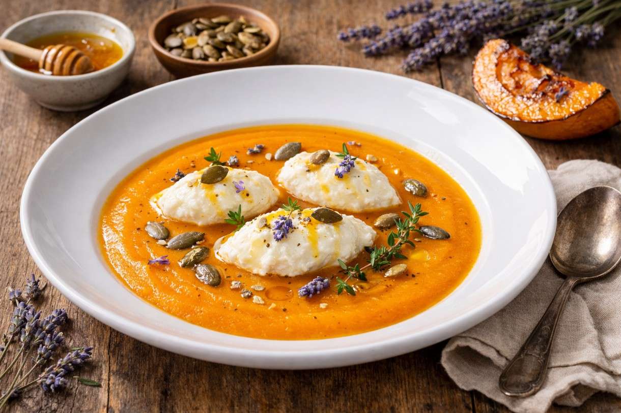 Suppe-von-geröstetem-Kürbis-mit-Lavendelhonig-und-Ricotta-Nocken