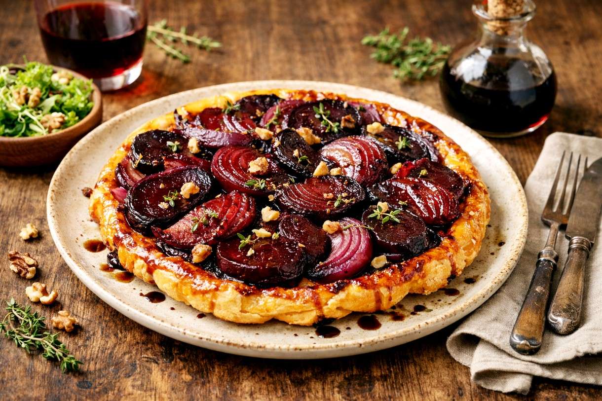 Der Februar in der französischen Küche – Tarte Tatin von Roter Bete und Zwiebeln mit Balsamico