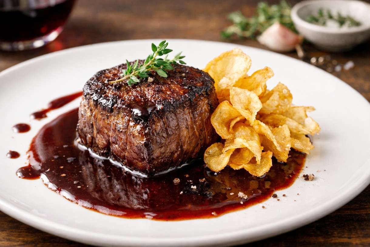 Der Februar in der französischen Küche – Tournedos vom Rind mit Rotweinjus und Pastinakenchips