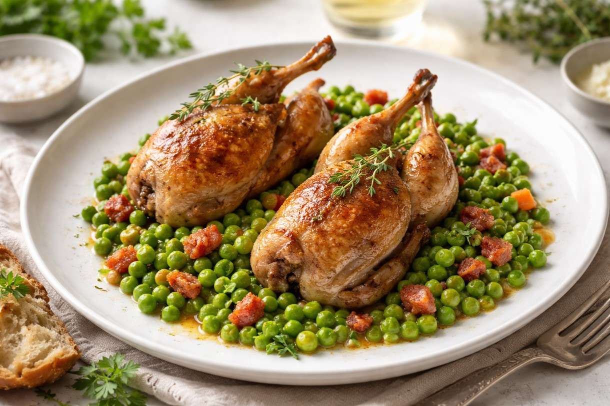 Caille rôtie aux petits pois et lardons – Französischer Frühling auf dem Teller