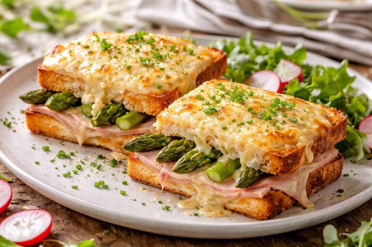 Croque-Monsieur-printanier-mit-grünem-Spargel-und-Jambon-blanc