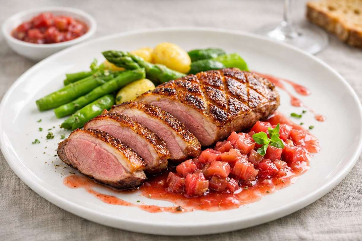 Der Frühling auf dem Teller: Magret de canard, sauce rhubarbe