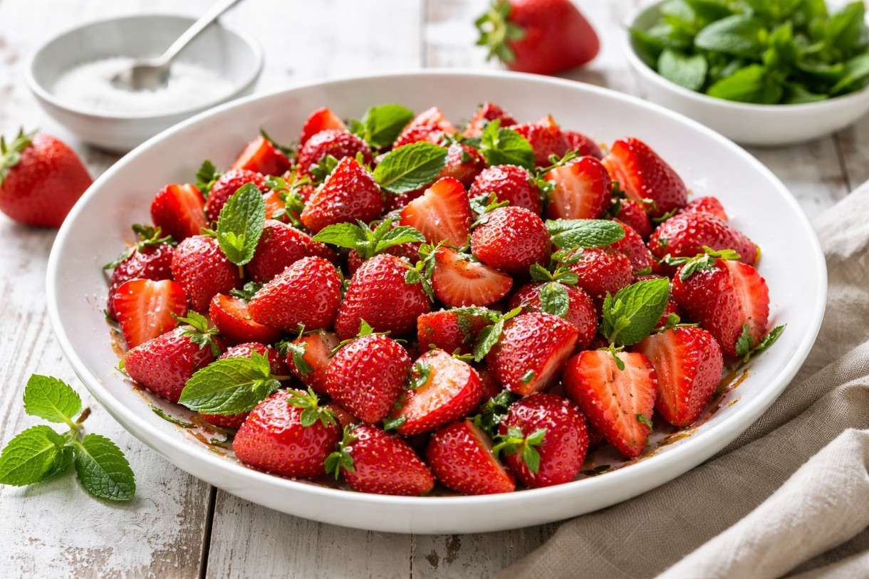 Die Zeit der Erdbeeren hat begonnen – Salade de fraises à la menthe