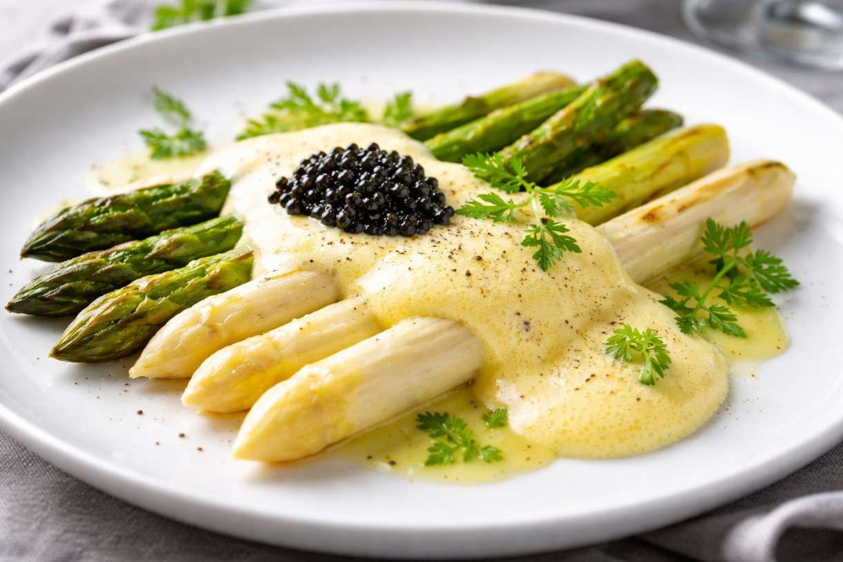 Es ist Spargelzeit – Spargelvariation (grün & weiß) mit luftiger Hollandaise und Kaviar