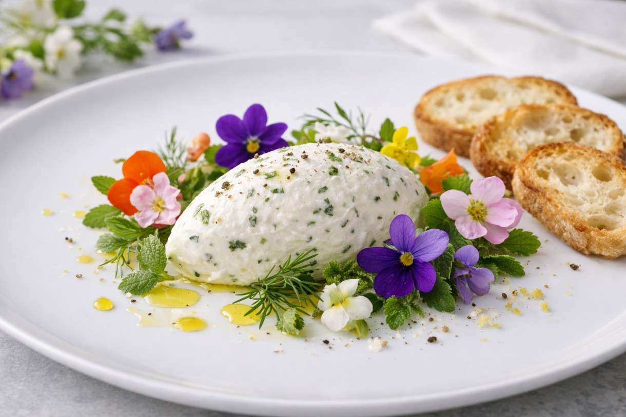 Ostern in der modernen französischen Küche: Ziegenkäse-Mousse mit Kräutern und essbaren Blüten