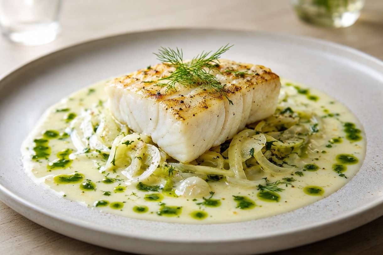 Kabeljau auf Beurre-blanc mit Fenchel und grünem Öl