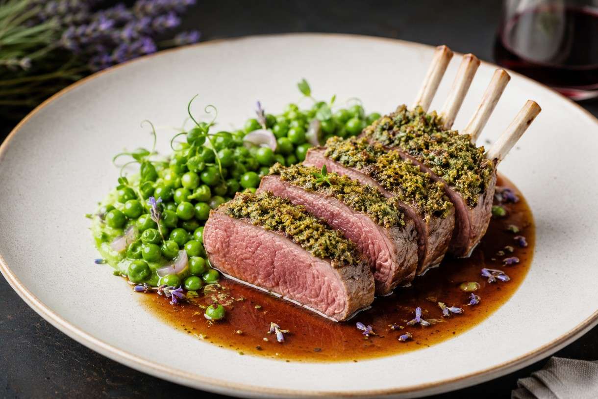 Lammrücken sous-vide mit Kräuterkruste, jungen Erbsen und Lavendel-Jus