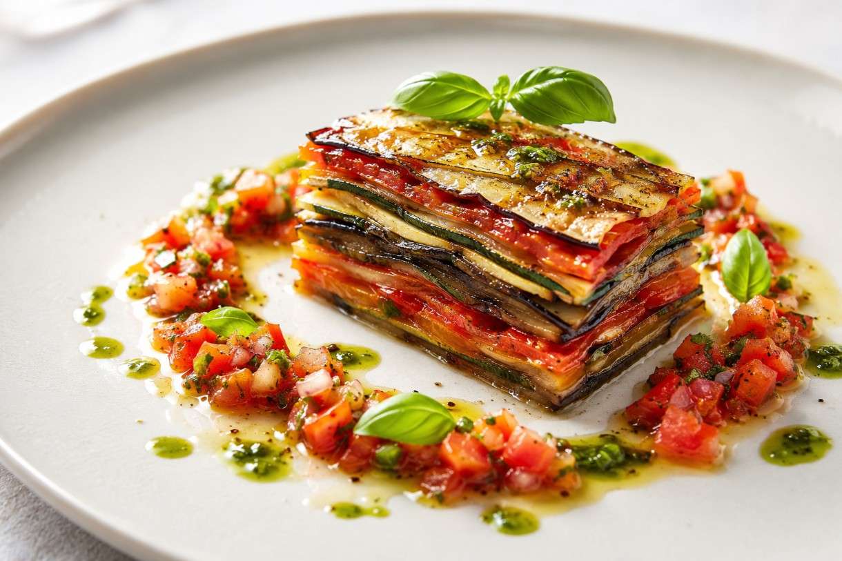 Ratatouille en millefeuille mit Tomaten-Vinaigrette und Basilikumöl