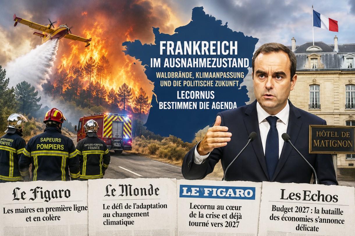 Tagesüberblick: Waldbrände, Klimaanpassung und Lecornus politische Bewährungsprobe prägen Frankreichs Presse