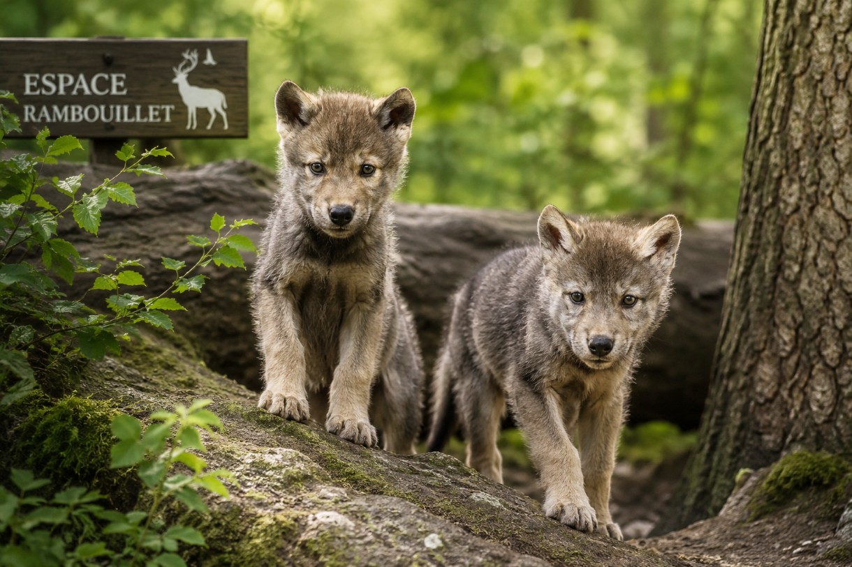 Zwei kanadische Wolfswelpen begeistern Besucher im Tierpark Espace Rambouillet