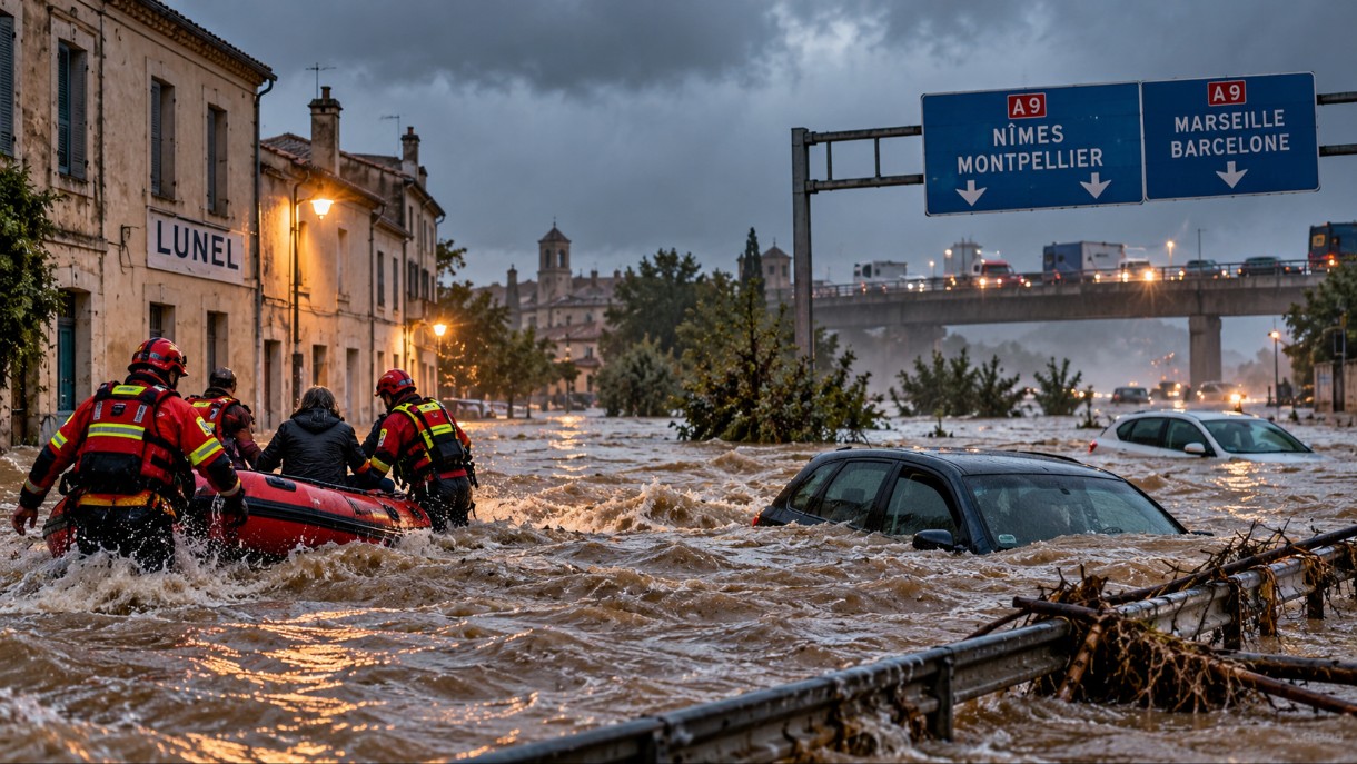 unwetter südfrankreich, lunel überschwemmung, hochwasser frankreich, autobahn a9, a9 sperrung, nîmes, montpellier, gard hochwasser, hérault, starkregen frankreich, korsika unwetter, verkehr südfrankreich, wetterwarnung frankreich, nachrichten.fr, nachrichten frankreich,