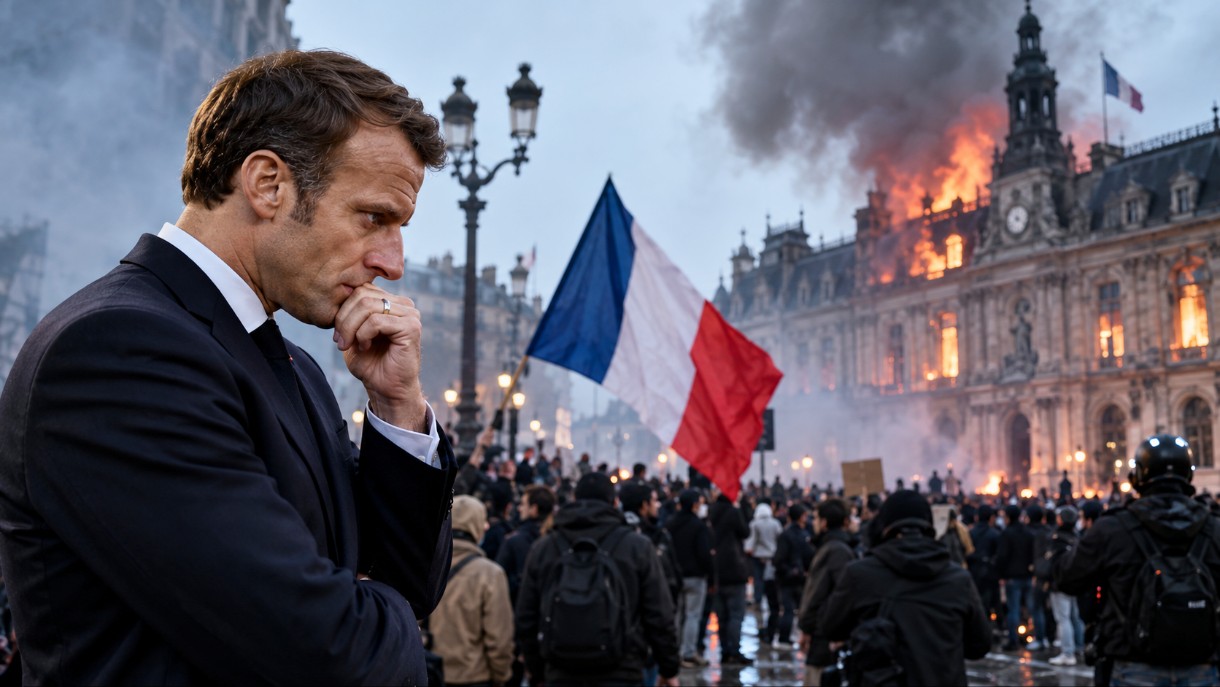 Macron-Protest-Trikolore-brennendes-Rathaus_Illustration