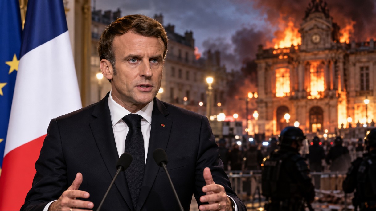 Macron-vor-brennender-Stadtkulisse_Illustration