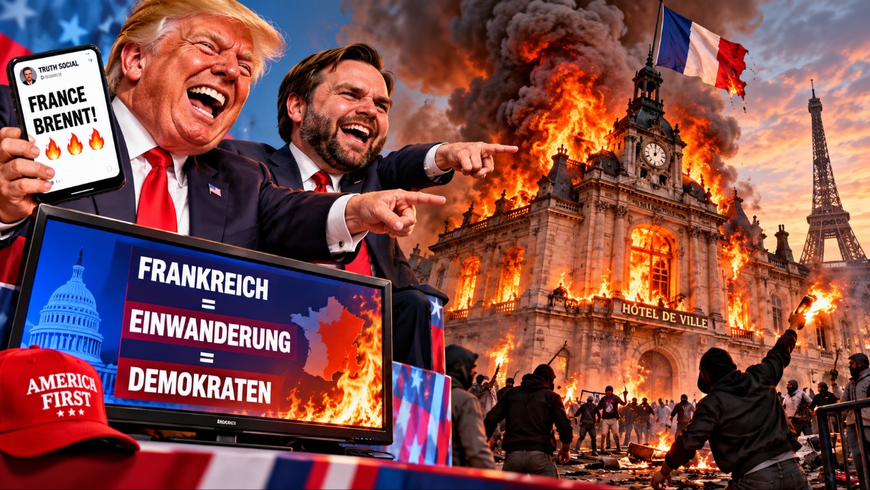 Satirische-Szene-Brennendes-Rathaus-in-frankreich-Trump-Vance_Illustration